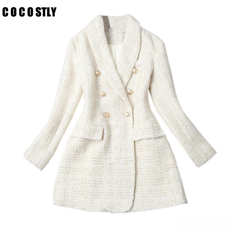 

Runway 2019 Designer Blazer Women's Double Breasted Metal Button Long Sleeve Notched Collar Jacket Wool Blends Tweed Blazer Coat