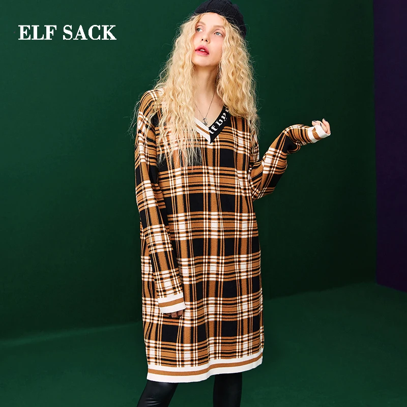 Beste ELF zak Herfst Nieuwe Vrouw Jurk V hals Knielange Plaid Straight Casual Katoen Vrouwen Jurken Vintage Femme Vestido Party jurk
