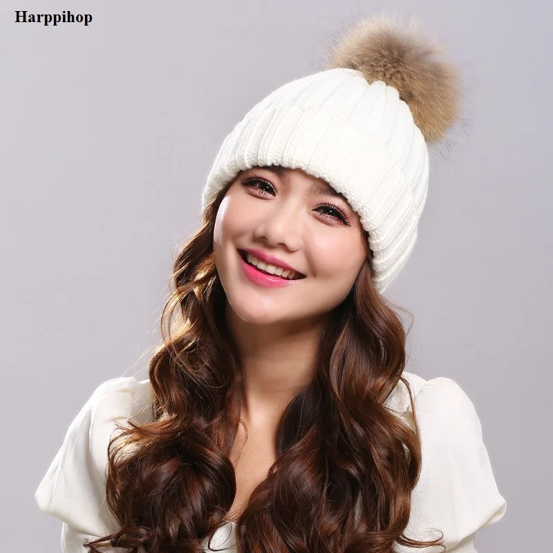 

2017 Winter Brand New Colorful Snow Caps Wool Knitted Beanie Hat With Raccoon Fur Pom Poms For Women Men Hip Hop Skullies Cap