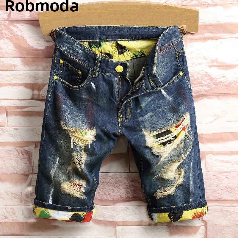 

2019 male Summer Clothing broken hole Breathable stright Denim Shorts Mens Casual Ripped Crimping fashion Short homme Jeans blue