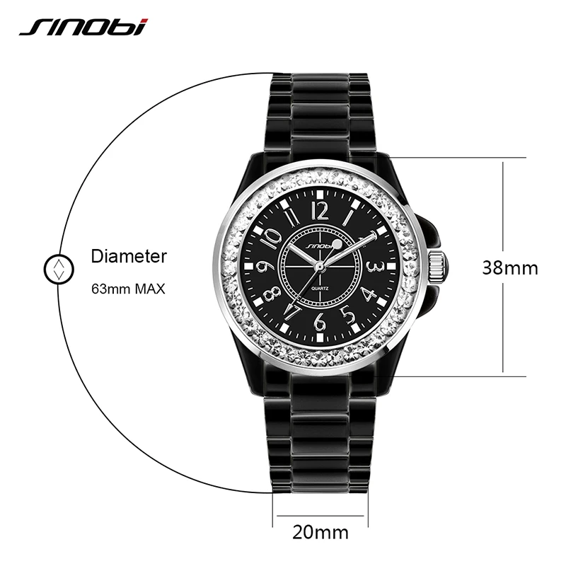 Fall-Winter SINOBI Ladies Fashion Ceramic Steel Watches for Womens Diamond Quartz Wrist Watches 12 Black Relojes Mujer 2016