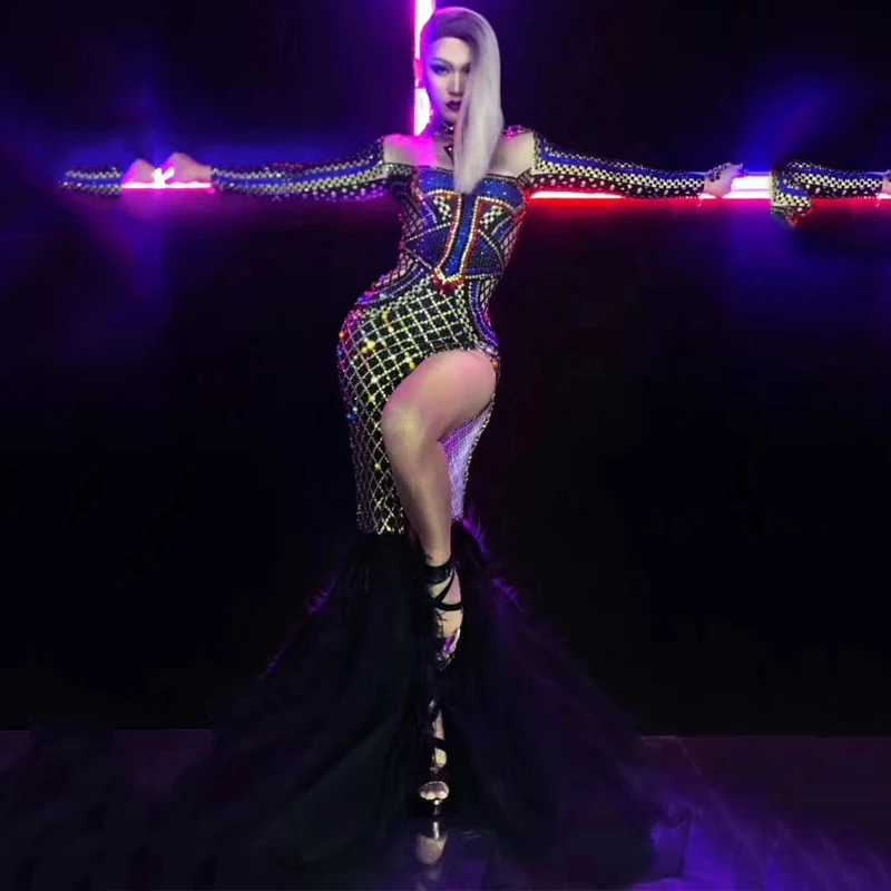 Сверкающие кристаллы Сплит перо длинное тело стрейч обёрточная бедра юбка женская для певицы для сцены представление вечернее платье DJ344