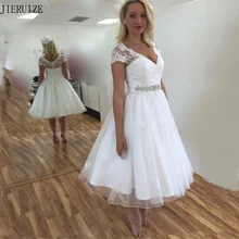 Jieruize branco organza chá comprimento vestidos de casamento rendas vestido de baile curto praia vestidos de noiva vestidos de casamento(China)