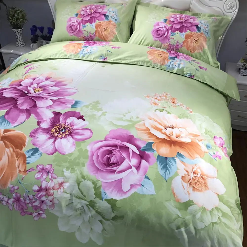 3d Watercolor Painting Flowers Light Green Bedding Set Queen Size