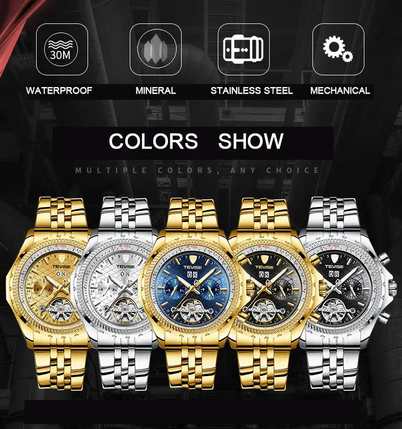 Tevise أعلى العلامة التجارية ساعة رجالية فاخرة التلقائي توربيون ساعات آلية للرجال الذاتي لف الذكور ساعة اليد Relogio Masculino Tevise أعلى العلامة التجارية ساعة رجالية فاخرة التلقائي توربيون ساعات آلية للرجال الذاتي لف الذكور ساعة اليد Relogio Masculino