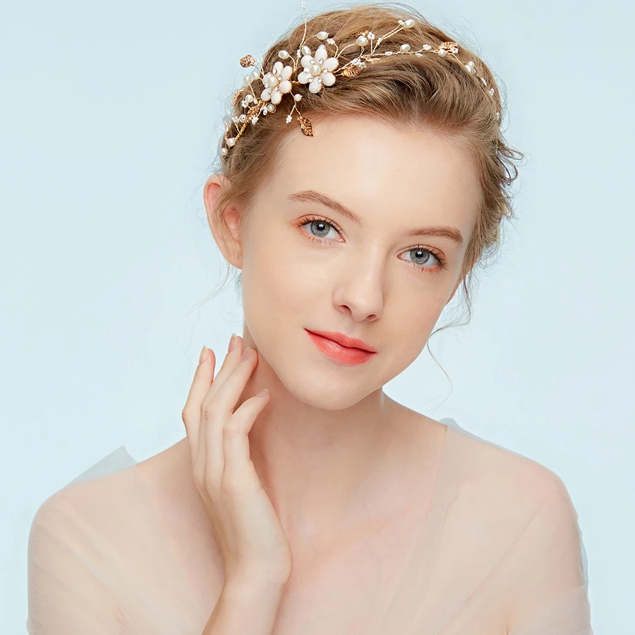 

1pc/lots Crystal Elegant Fairy Bridal Head Piece Jewelry Pearl Hair Band Accessories For Wedding Vine Golden Leaf White Flowers