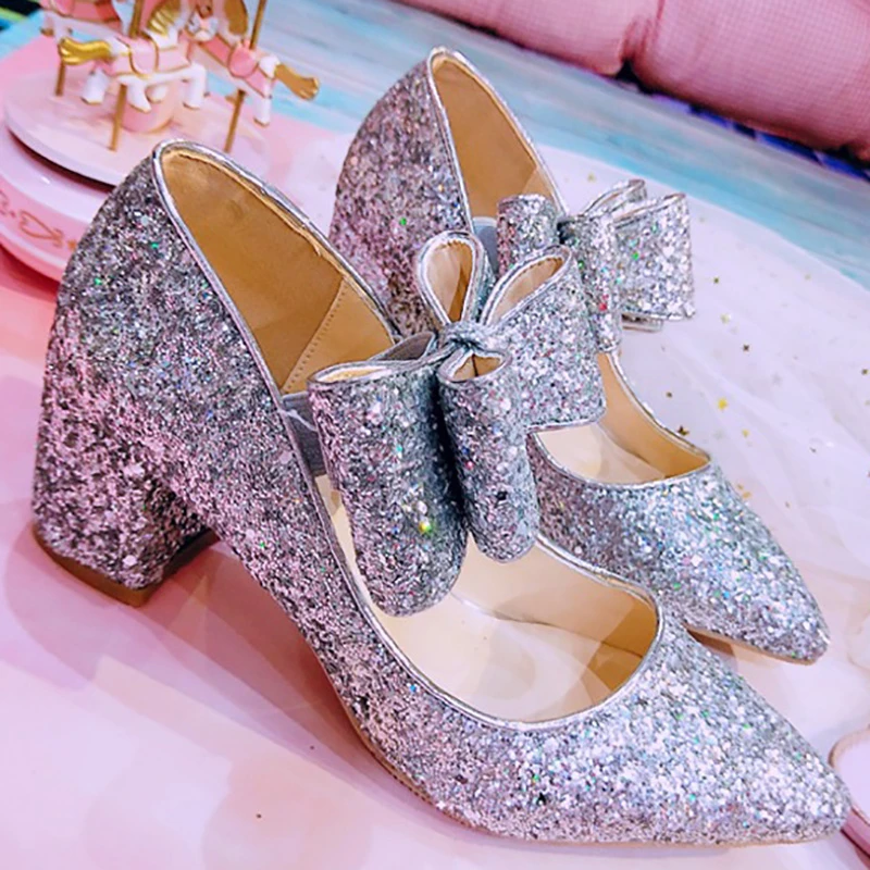 Plata Zapato Día Brillo Damas Silver Janes Boda Regalo Rosa Valentín De Lolita San Heel Heel Moda Las pink Bombas Mujeres Mary Tacones Novia 5cm Zapatos qAawfWPnxY