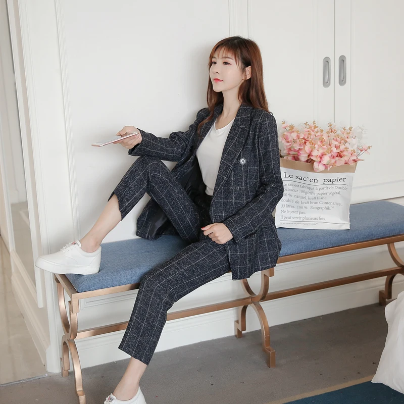 CBAFU women's classic pants suits fashion plaid turn down collar suit coat jacket female office ladies work 2 piece sets D177