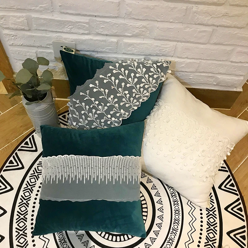 deep green/white/pink lace frill cushion cover lumbar pillow cover sofa square velvet waist