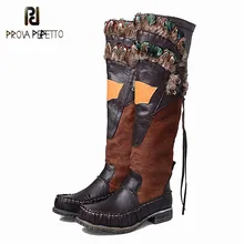 Prova Perfetto дизайн пояса из натуральной кожи лоскутное плиссированные квадратный мыс сапоги и ботинки для девочек в этническом
