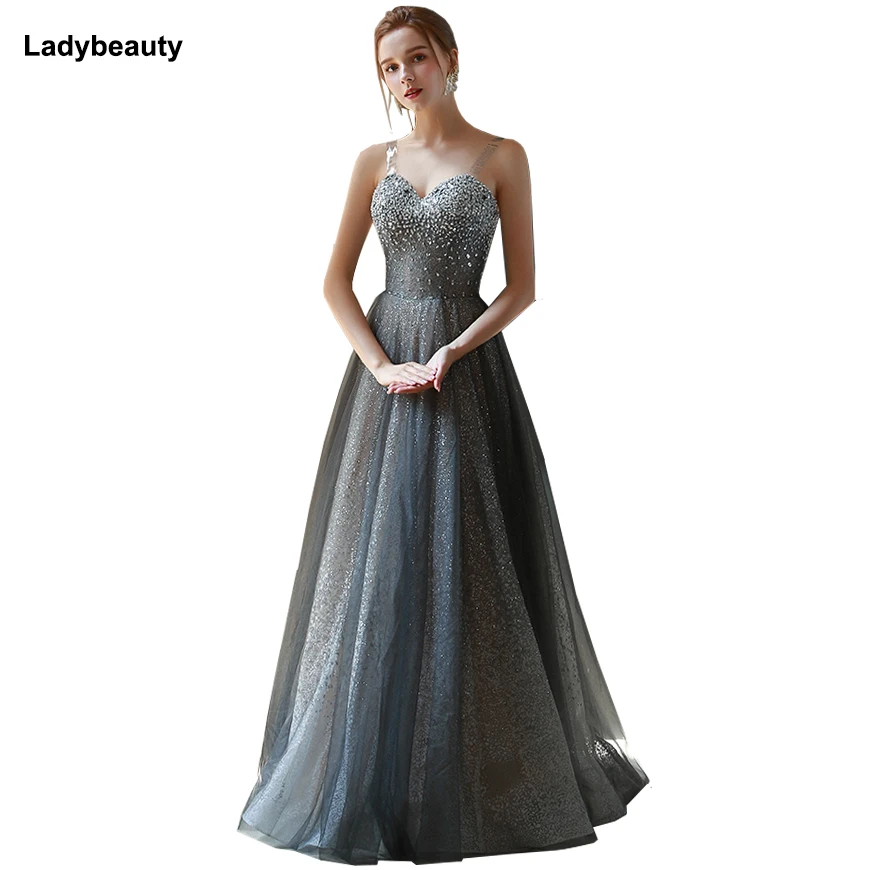 

Beading Prom Dresses 2019 High Split Tulle Sleeveless Evening Gown A-line Lace Up Backless Vestido De