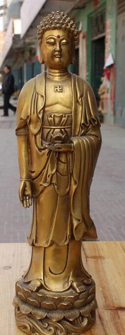 

006997 15" Chinese Bronze Stand Shakyamuni Sakyamuni Buddha On Lianhua Lotus Statue