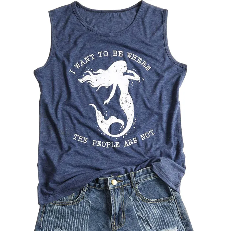 

I Want To Be Where The People Are Not Tank Top Cute Mermaid Graphic Tees Women Casual Round Neck Sleeveless Summer T-shirts