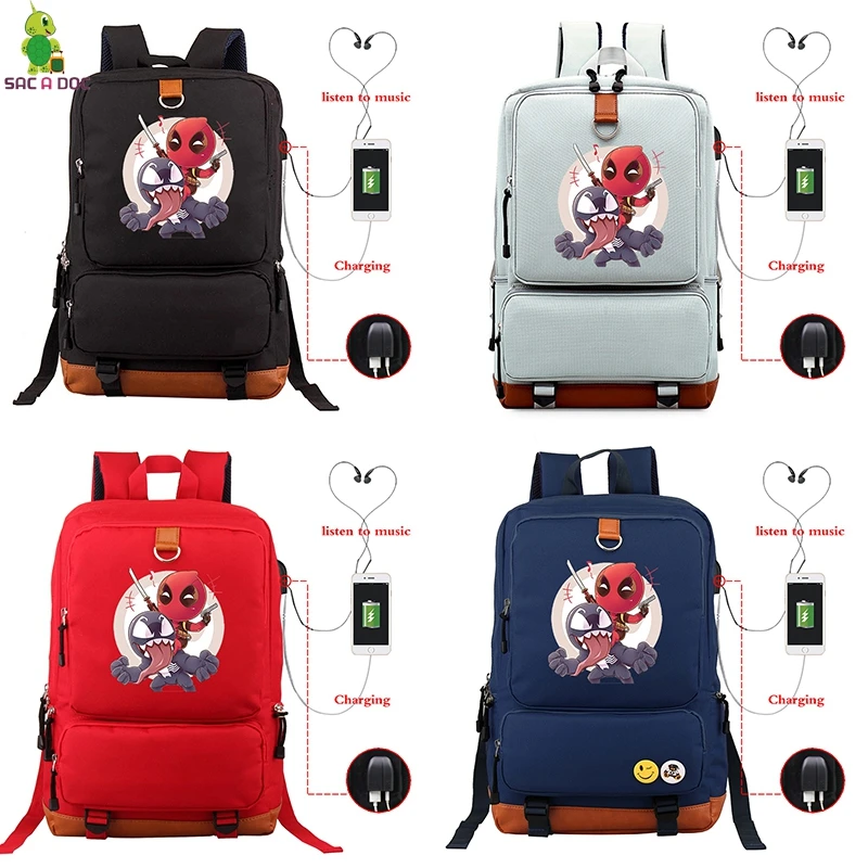 

Sac A Doc Superhero Deadpool Backpacks Bag USB Charging Laptop Bagpack Cool Deadpool School Bags Boys Girls Travel Backpack