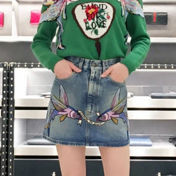 

Fish Embroidery Denim Mini Skirt Women Vintage High Waist Short Skirt Girl Pockets Button Female 2019 Spring Summer Blue Jeans