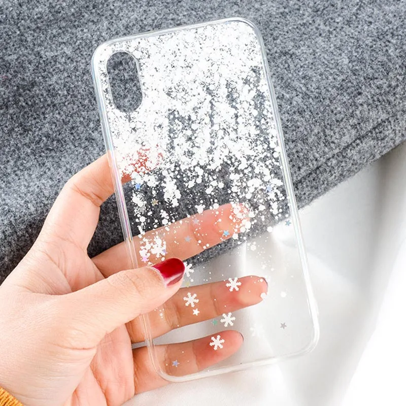 Модный зимний прозрачный чехол Kerzzil со снежинками для iPhone X 8 7 6 Plus блестящий