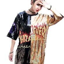 Высококачественные пользовательские новые женские принты с буквенным принтом, с блестками, с коротким рукавом, свободная длинная футболка, топы, классные для сцены, танцевальный клуб, вечерние, одежда