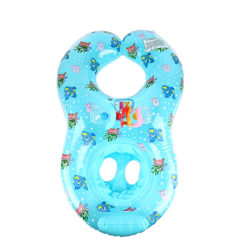 Outdoor Swimming Float Ring Baby Mother And Child Inflatable Swimming Ring Circle Double Seat Raft Swim Ring Aid Trainer Rings - Color: Transparent blue