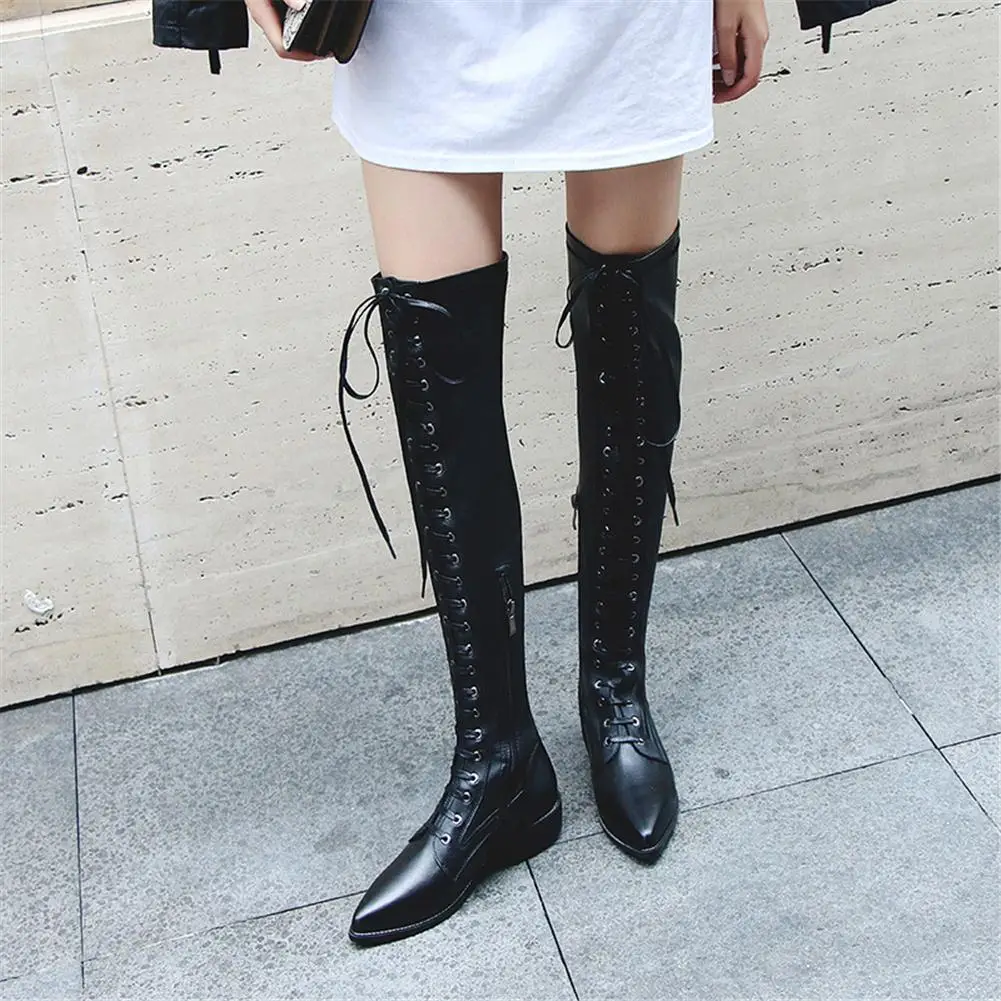 

Brand Design Genuine Leather Pointed Toe Summer Stretch Boots Woman Shoes Chunky Heel Lace Up Shoes Woman Female Riding Boot