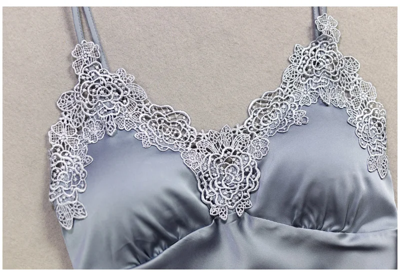 Sexy Silk Lace Sleepwear Dress Women Summer Solid Satin Nightgown Spaghetti Strap Sleeveless Nightwear Lingerie Sexy Night dress (4)