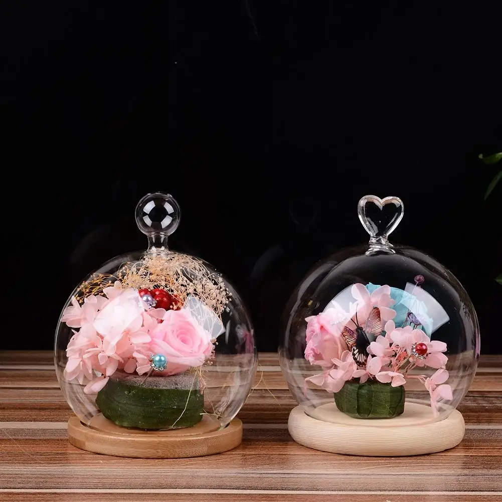 

Glass Globe Display Dome Cover with Wood Base Heart Shape Handle Home Decoration