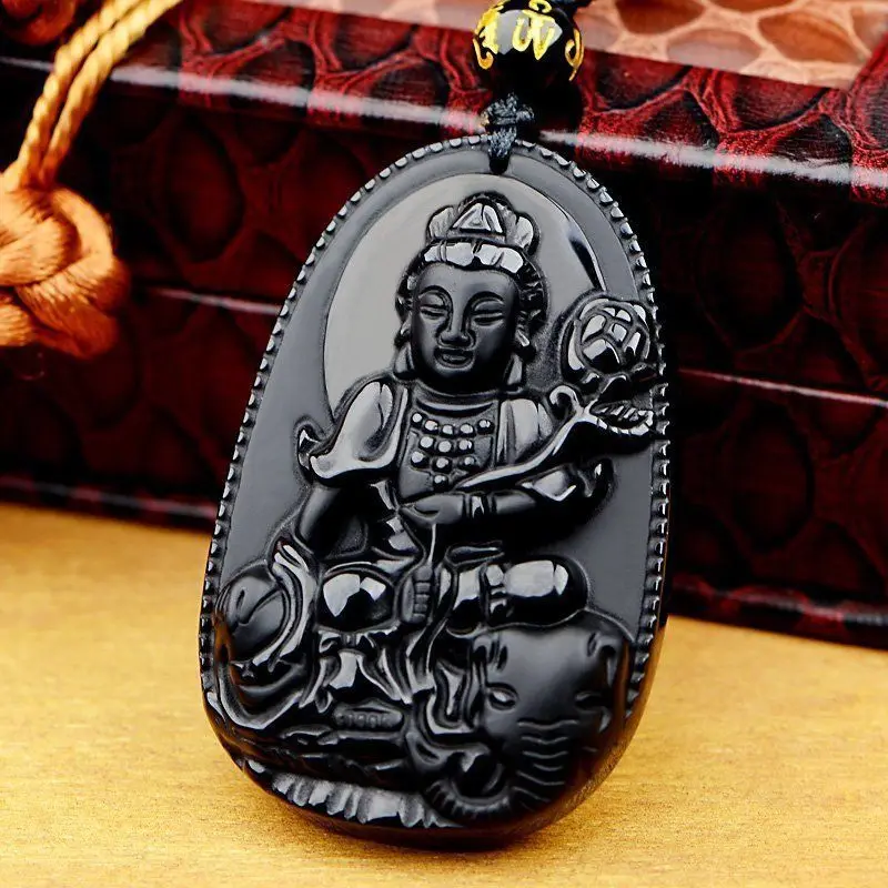 Free Shipping 100 Natural Obsidian Carved Ride an elephant kwan yin