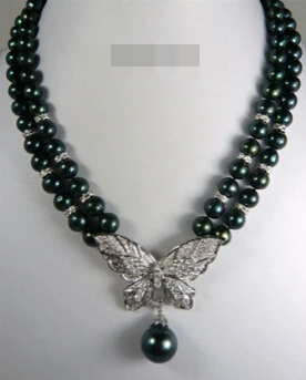 

zj 00014 2 Rows Real Black Pearl 18KWGP Crystal Butterfly Pendant Necklace