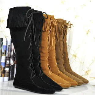 Hight Quality Free Shipping Cow Leather Lace Up Knee High Fringe Flat Boots womens flat shoes