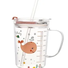 Бытовые дети со шкалой молока чашка для завтрака прозрачное Термостойкое стекло с крышкой печать Ручка с кружка с соломкой