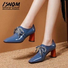 ISNOM Patent Leather Pumps Women High Heels Stripe Pumps Plaid Cross Tied Shoes Female Square Toe Party Shoes Autumn New