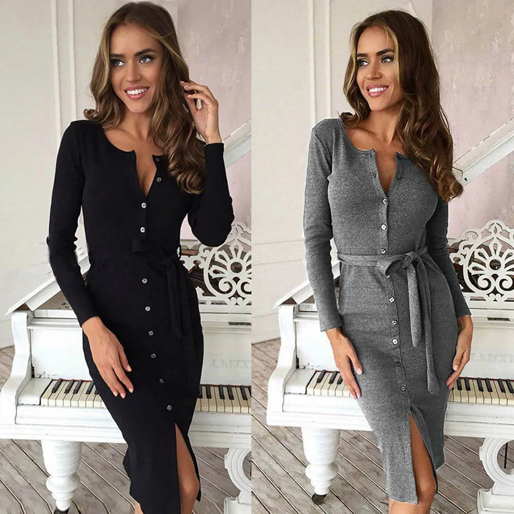 

2019 Autumn Winter Cotton Maxi Dress Women Slim Long Sleeve Buttons Casual Bodycon Dress Long Female Dresses Vestidos Mujer