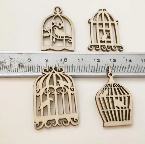 

50pcs 3.4cm Wooden birdcage chips 4 styles DIY decals Scrapbooking Hanging pendant Home Party Decoration DIY Craft Supplies XP68