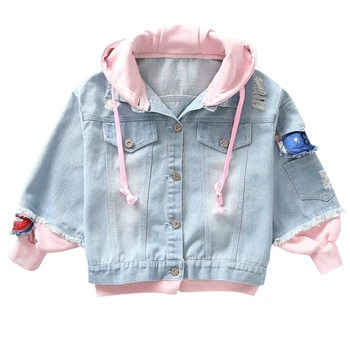 

Girls denim Jackets Spring and Autumn Coat knit stitching hooded Kids Jacket fashion trend girls Coats children outwear clothing
