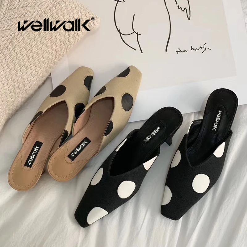 

Fashion Heel Slippers Women Square Toe Mules Shoes Ladies Dress Slides Polka Dot Style Slippers Summer Shoes Female
