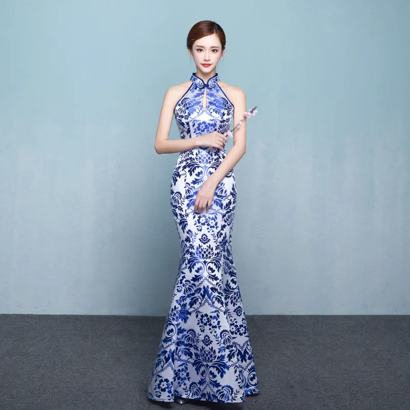 Blue White Porcelaine Cheongsam Sexy Oriental Dress Asian Wedding