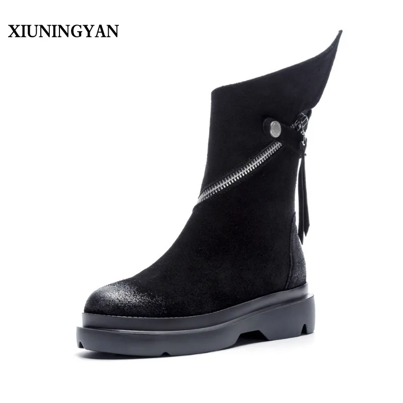 

XIUNINGYAN 2018 NEW Cow Sunde Women Boots Winter Warm Shoes Zipper Feminina Female Fashion Punk Motorcycle Mid-calf Women Mujer