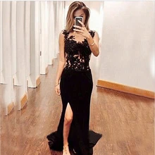 CF5 Sexy Lange Schwarze Nixe-abschlussball 2016 Heißer Verkauf Appliques Spitze Abendkleid Für Graduation Side Slit-partei-kleid