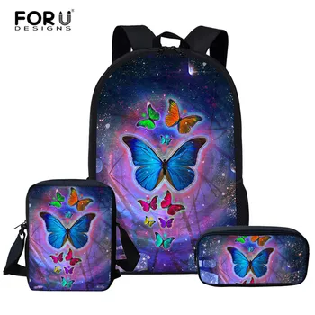 

FORUDESIGNS 3pcs/set School Bag Set Girl Backpack Custom Butterfly Schoolbags for Teenage Boys Students Bag Back Mochila