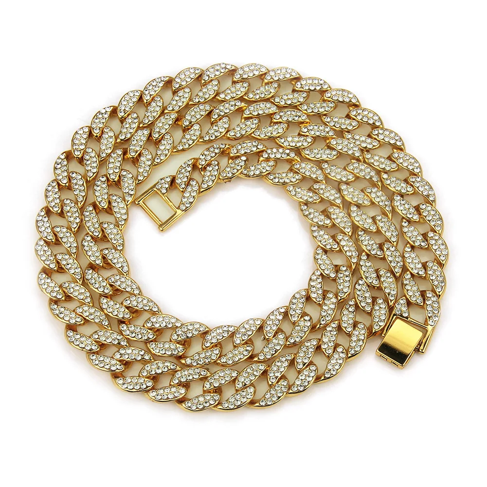 

Hip Hop Miami Curb Cuban Chain Necklace 15mm 18/30inches Golden Iced Out Paved Rhinestones Cz Bling Rapper Necklaces Men Jewelry