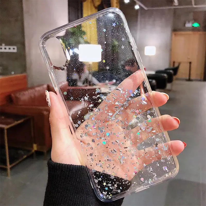 

Transparent Shining Gold foil Phone Case For iPhone11PRO 11 X XS XR XS Max 6 7 8 Plus Glitter Sequin Soft TPU Back Cover Coque