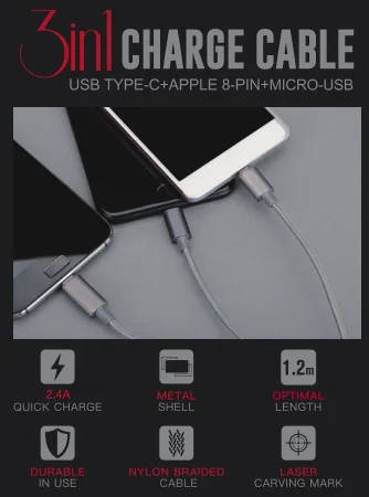 Marskak 3 в 1 зарядный кабель type-C Lightning Mirco USB 2.4A быстрая замена прочности на растяжение с нейлоном