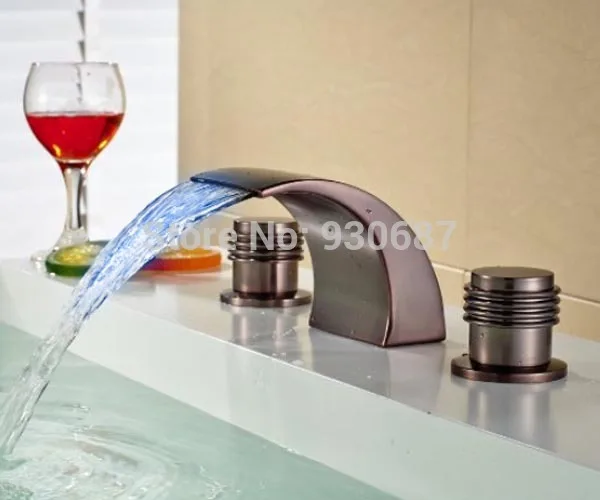 

Waterfall Oil Rubbed Bronze Led Basin Faucet Dual Handles Mixer Tap