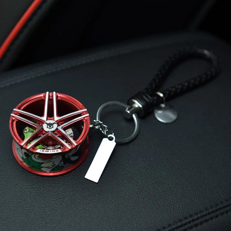 Toyikie роскошный гоночный автомобиль модель металлический брелок для ключей мужские автомобильные колеса с кожаной веревкой 360 Вращающийся дисковый тормозной брелок - Название цвета: Красный