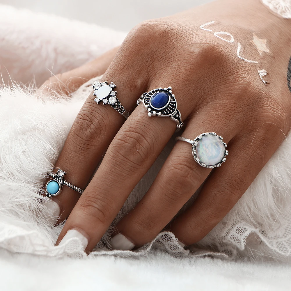 

4pcs Mix SIZES Vintage Sliver Color Turkish Multicolor Punk Stone Midi Ring Sets for Women Finger Rings conjuntos de anillo
