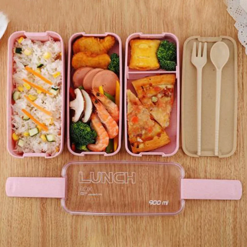 

900ml Healthy Material Lunch Box 3 Layer Wheat Straw Bento Boxes Microwave Dinnerware Food Storage Container Lunchbox