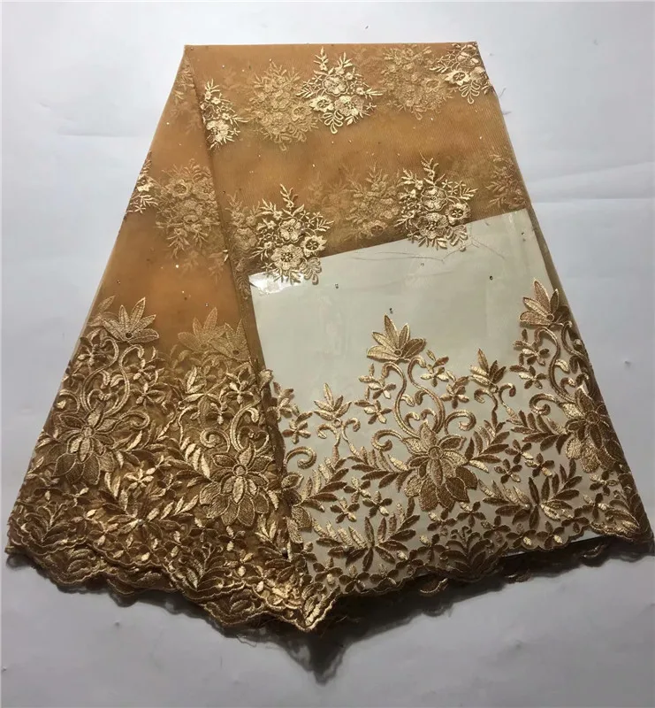 

2019 Dark gold African stone and bead tulle Lace Fabric High Quality 3D Flower Embroidery Nigerian Lace Fabric For Party Dress