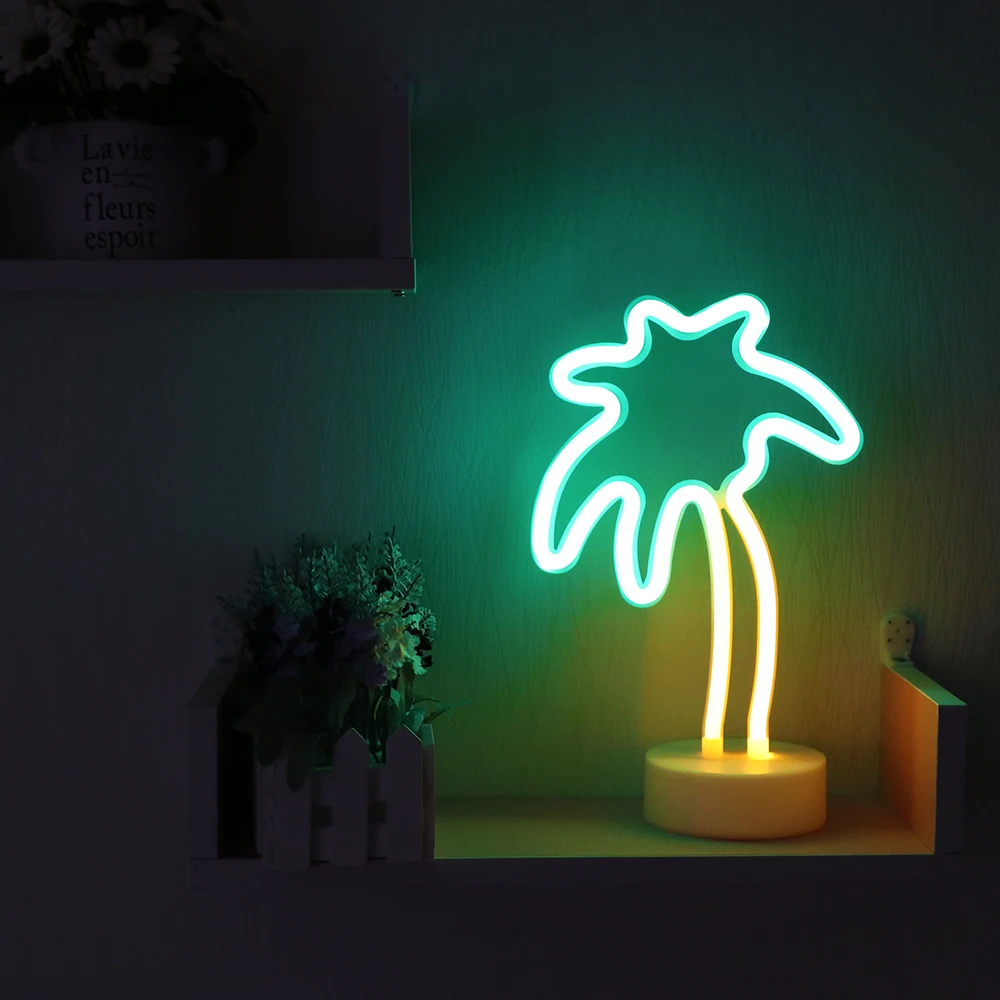 Красивые светодио дный зеленый кокосовой пальмы неоновый свет ночь для детей номеров Батарея Мощность ночника настольная лампа вечерние