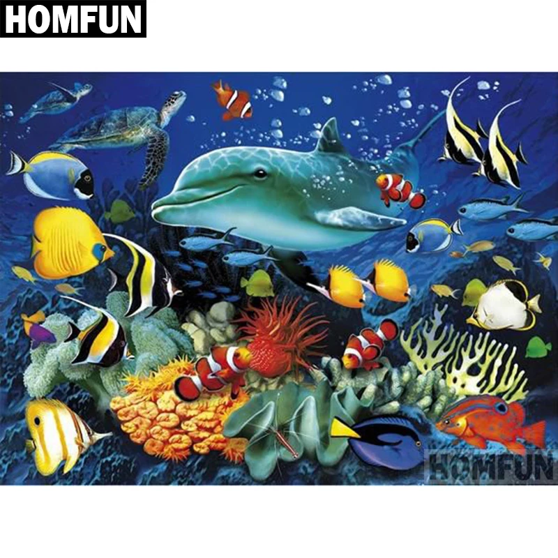 Алмазная 5D Вышивка HOMFUN A05050 дельфины океана полноразмерная/круглая картина
