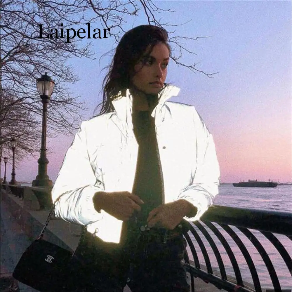 Зимняя женская модная хлопковая стеганая куртка с отражателем, с высокой талией, на молнии, с карманами, Женская Повседневная плотная теплая одежда