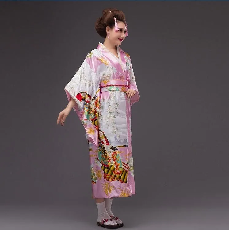 Горячее предложение розовый японский Для женщин шелк кимоно юката с Оби Винтаж вечерние платье для выпускного вечера Косплэй и Хеллоуин костюм один размер B-012